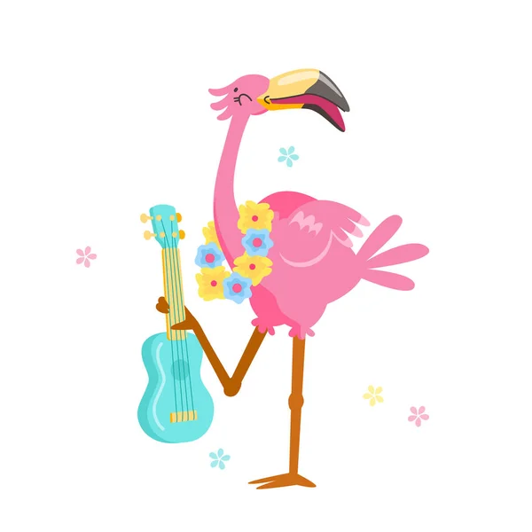 Flamingo rosa bonito em coroa de flores Jogue Ukulele isolado no fundo branco. Desenhos animados Personagem férias de verão. Kawaii Personage Summertime Activity and Spare Time (em inglês). T-shirt Imprimir Vector Ilustração — Vetor de Stock