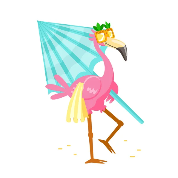 Leuke cartoon roze flamingo in grappige zonnebril met handdoek en paraplu lopen naar het strand. Personage Zomervakantie. Kawaii Personage Zomer Activiteit en Reservetijd. T-shirt Print Vector Illustratie — Stockvector