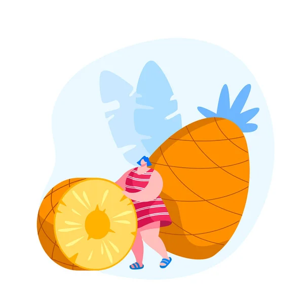 Tropisch Fruit Dieet. Jonge vrouw rollen enorme ananas slice, kleine vrouwelijke karakter kiezen voor vegetarisch en gezond voedsel, versterkte voeding, bron van gezondheid vitamine. Cartoon Vector Illustratie — Stockvector