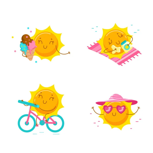 一组可爱的卡通阳光人物。关于暑假、暑期活动和业余时间的Kawaii人物。有趣的太阳骑自行车，吃冰淇淋，谭。孤立的T恤打印。病媒图解，图标 — 图库矢量图片