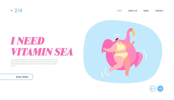 Hotel Relaxe na piscina, Oceano ou Sea Landing Page Template. Personagem feminina relaxada desfrutando de flutuação de verão no colchão inflável Flamingo Tome banho de sol no resort. Desenhos animados Vector Ilustração — Vetor de Stock