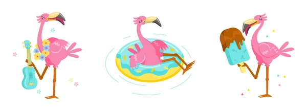 Zestaw Pink Flamingo Play Ukulele, Float dmuchany pierścień i jedzenia lodów. Wakacje z postacią z kreskówek. Kawaii Aktywność osobowa i wolny czas. Śliczny odcisk koszulki Bird. Ilustracja wektora — Wektor stockowy