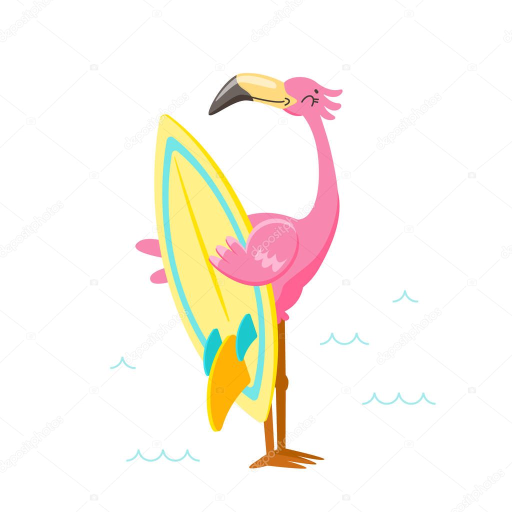 Cute Pink Flamingo with Surf Board on Beach. Cartoon Character on Summer Vacation. Kawaii Personage Summertime Activity and Spare Time. T-shirt Print Isolated on White Background. Vector Illustration