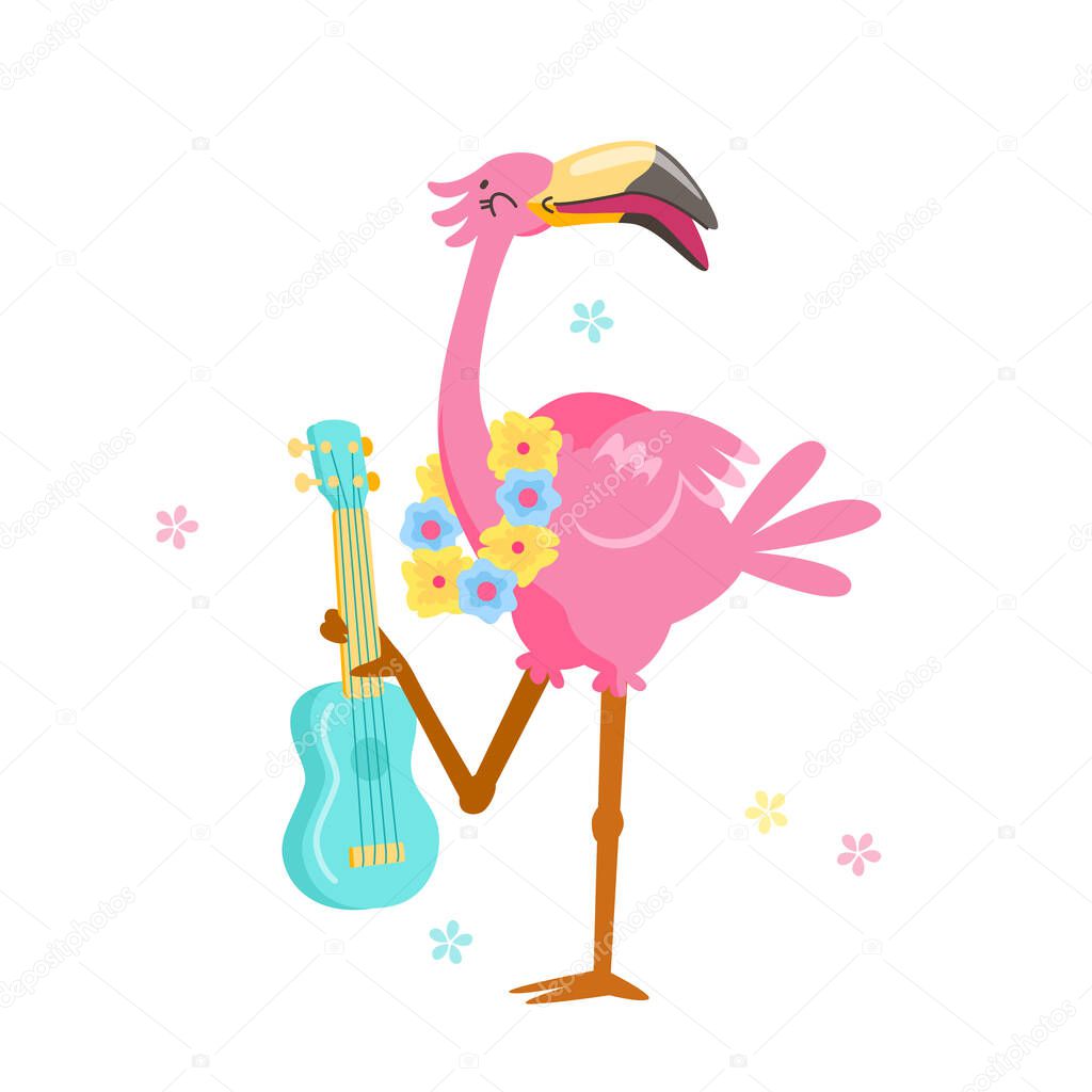 Cute Pink Flamingo in Flower Wreath Play Ukulele Isolated on White Background. Cartoon Character Summer Vacation. Kawaii Personage Summertime Activity and Spare Time. T-shirt Print Vector Illustration