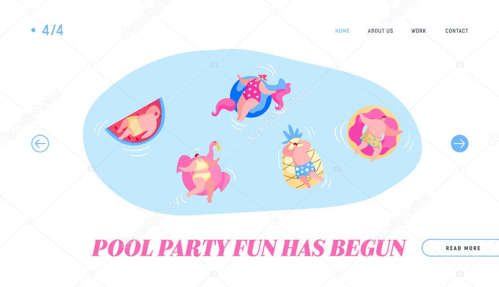 Diverse People Men Women Having Fun, Relaxing on Summer Vacation Resort Landing Page Template. Characters Swimming on Inflatable Mattresses in Ocean, Sea or Swimming Pool. Cartoon Vector Illustration