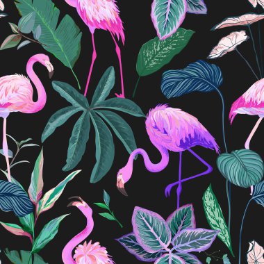 Flamingo ve Palm Leaves ile Tropikal Arka plan. Kusursuz desen, egzotik tropik ambalaj kağıdı. Yeşil Bitkiler Kağıt veya Tekstil Baskısı, Yağmur Ormanları Duvar Kağıdı Süslemesi. Vektör İllüstrasyonu