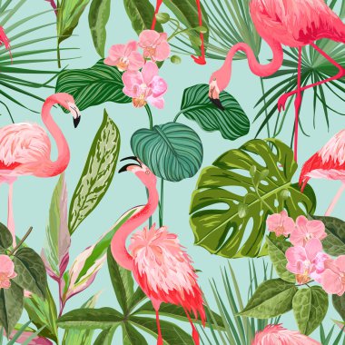 Flamingo ve Palm Leaves ile Tropikal Arka plan. Yeşil Bitkiler Kağıt veya Tekstil Baskısı, Yağmur Ormanları Duvar Kağıdı Süslemesi. Kusursuz desen, egzotik tropik ambalaj kağıdı. Vektör İllüstrasyonu