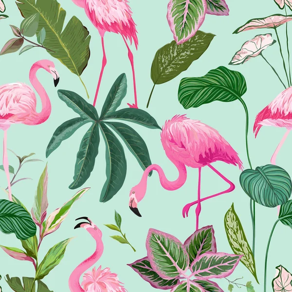 Tropické pozadí s Flamingo a Palm Leaves. Bezešvý vzor, Botanické pozadí. Realistické exotické tropické rostliny ornament pro balení papíru, tkaniny nebo oděvní tisk. Vektorová ilustrace — Stockový vektor