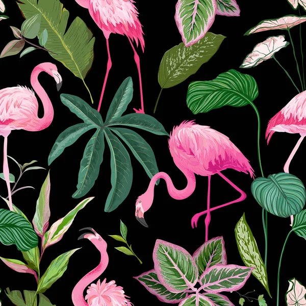 Tropischer Print mit rosafarbenem Flamingo und Palmblättern auf schwarzem Hintergrund, nahtlosem Blumenschmuck, exotischem grünen Dschungelmuster, tropischen Pflanzen und Vögeln für Stoff oder Bekleidung. Vektorillustration — Stockvektor