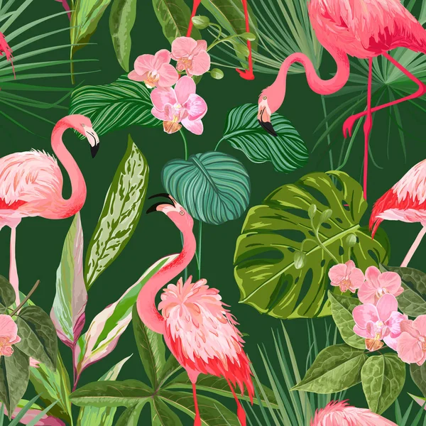 Fundo tropical com Flamingo, folhas de palma e flores de orquídeas. Impressão floral sem costura com flores exóticas —  Vetores de Stock