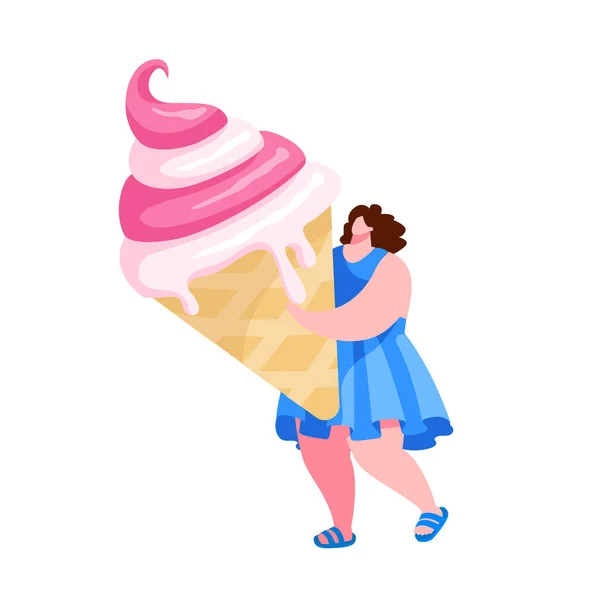 Drobná ženská postava nese obrovskou ovocnou zmrzlinu ve vaflovacím kuželu. Letní jídlo, lahodný sladký dezert, studený zákusek. Dívka s Icecreamem izolovaná na bílém pozadí. Cartoon Vector Illustration — Stockový vektor