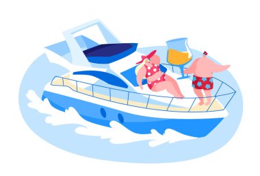 Sevgili çift Balayı 'nda ya da Tatilde Ocean' da Lüks Yat 'ta dinleniyor. Mutlu Erkek ve Kadın Karakterler Denizdeki Gemi Güvertesinde Dinleniyor, Kadın Bronzlaştırıcı, Erkek İçici. Çizgi film İnsanları Vektör İllüstrasyonu