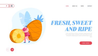 Tropik Meyveler Diyet İniş Sayfa Şablonu. Yuvarlanan Büyük Ananas Dilimi, Küçük Kadın Karakteri Vejetaryen ve Sağlıklı Yiyecekler, Güçlendirilmiş Besin, Vitamin. Çizgi film Vektör İllüstrasyonu