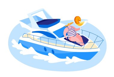 Yaz mevsiminde Lüks Yat Denizi 'nde Seyahat Eden Kadın Karakteri, Güvertede Yatan Mutlu Kadın Kokteylleri, Güneş Banyosu. Yaz Tatil Gezisi, Sucul Turu. Çizgi film Vektör İllüstrasyonu