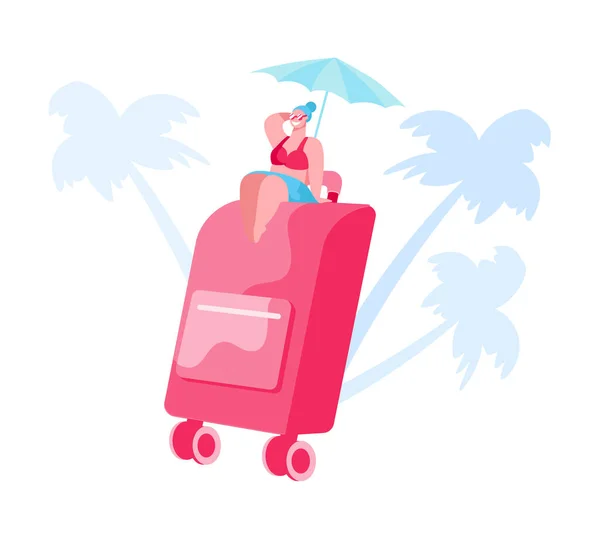 Sommerurlaub. Winzige weibliche Figur im Badeanzug auf riesigem Gepäck sitzend mit Sonnenschirm und Palmen reisen im Tropical Country Resort, Mädchen mit Koffer. Zeichentrickvektorillustration — Stockvektor