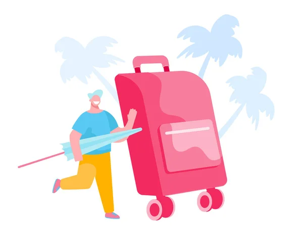 Pequeño personaje masculino con paraguas en manos en equipaje enorme con palmeras alrededor. Turista en vacaciones de verano, Hombre Viajar en Tropical Country Resort con maleta. Ilustración de vectores de dibujos animados — Vector de stock