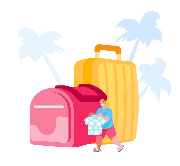 Vacaciones de verano, Viajar en Tropical Country Resort con equipaje. Pequeño personaje masculino lleva ropa de verano para poner en una maleta enorme con siluetas de palmeras alrededor. Ilustración de vectores de dibujos animados — Vector de stock