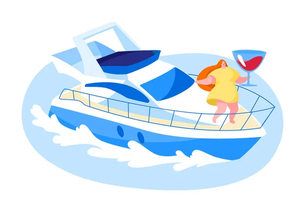 Crucero en yate, concepto de tour acuático de verano. Mujer feliz bebiendo vino de pie en la cubierta del barco. Personaje femenino Viajando en yate de lujo en el mar en vacaciones de verano. Ilustración de vectores de dibujos animados — Archivo Imágenes Vectoriales