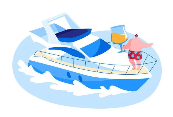 Мужской персонаж путешествует на роскошной яхте у моря в летние каникулы. Парусный круиз, летний водный тур. Счастливчик пьет коктейль на палубе корабля. Вектор мультипликации — стоковый вектор