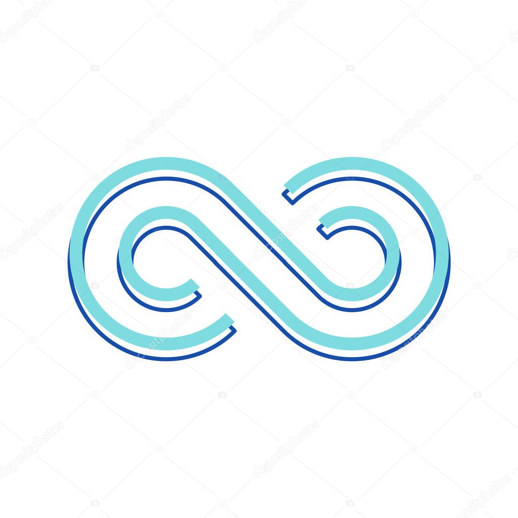 Infinity Symbol of Repetition and Unlimited Cyclicity, Blue Color Symbolic Design Element in Thickness Style. Contour in Shape of Number Eight Isolated on White Background. Linear Vector Illustration