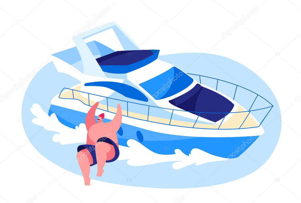 Young Man Relaxing on Luxury Yacht at Ocean. Summertime Vacation, Happy Male Character Resting on Ship Jumping to Sea, Sun Bathing. Summer Vacation, Luxury Leisure, Relax. Cartoon Vector Illustration
