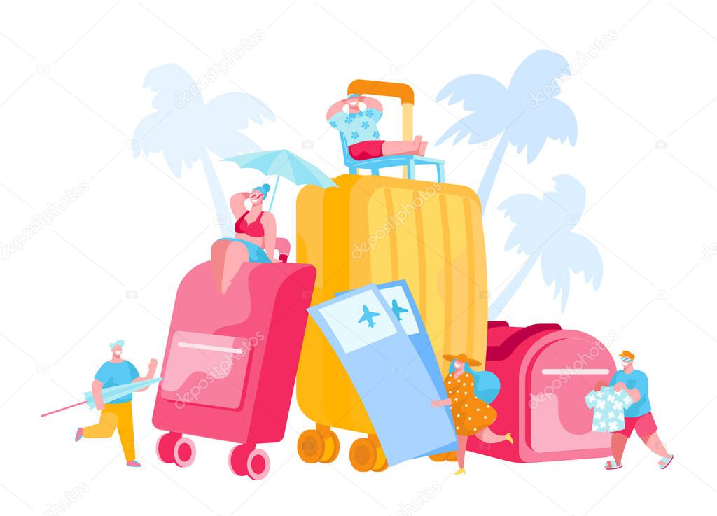 Tiny Tourists Characters at Huge Luggage and Tickets with Palm Trees. People Prepare to Go on Summer Time Vacation, Travel on Tropical Country Resort with Suitcase Bags. Cartoon Vector Illustration