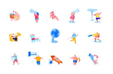 Yaz tatili ve eğlencesi erkek ve kadın karakterleri seti. İnsanlar kokteyl içiyor, suyla oynuyor ve yaz sıcağında acı çekiyor, sörf yapıyor, plajda dinleniyor. Çizgi film Vektör İllüstrasyonu