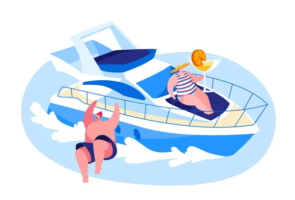 在夏季乘坐豪华游艇在海上旅行、快乐男人跳入水中、女人在船上喝饮料和日光浴的人物。暑假，克鲁斯。卡通人物矢量图解 — 图库矢量图片