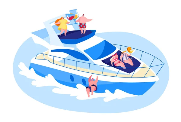 Jeunes Détendez-vous sur un yacht de luxe à Ocean. Vacances d'été, personnages masculins et féminins heureux reposant sur un bateau sautant en mer, buvant du champagne, prenant un bain de soleil. Illustration vectorielle de bande dessinée — Image vectorielle