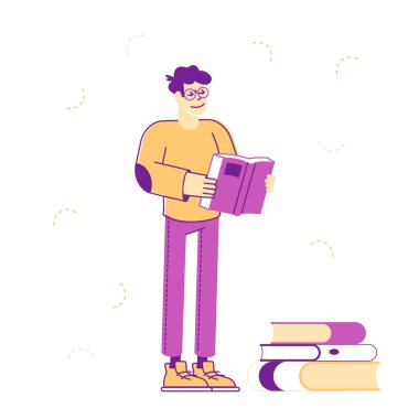 Eğitim Bilgi Toplama Konsepti. Genç Öğrenci Karakteri Okuma, Ödev Öğrenme ya da Üniversite ya da Üniversite Sınavlarına Hazırlanma Beyazlar Arkaplanında İzole Edildi. Doğrusal Vektör İllüstrasyonu