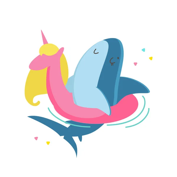 《 Cute Shark floating Unicorn Inflatable Ring Character Isolated on White Background 》 ( 영어 ). Summer Vacation T-shirt Print, Funny Underwater Predator Animal Relax in Ocean or Pool. 《 월 스트리트 저널 》. 카툰 Vector Illustration — 스톡 벡터