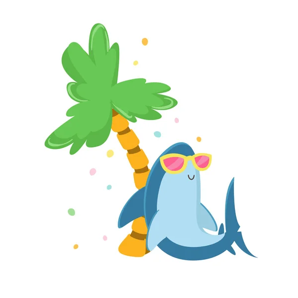 Cute Shark Character in Sunglasses Relaxing under Palm Tree on Exotic Resort Isolated on White Background. Summer Time Vacation, Funny Underwater Predator Animal Icon. Cartoon Vector Illustration — Stock Vector