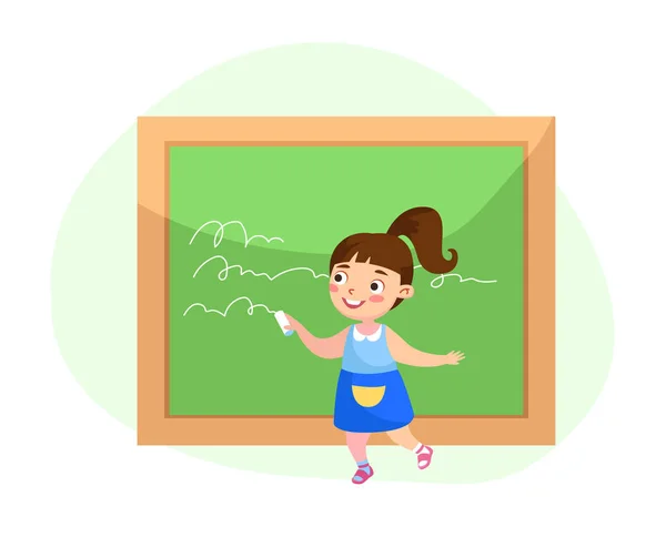 Back to School, Education or Knowledge Concept. Little Girl Writing on Blackboard. Kid Character Studying, Little Baby Learning in College or Preschool, Playing in Teacher. Cartoon Vector Illustration — Stock Vector
