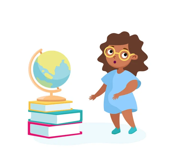 Stojak na postacie dziewczyny w Books Pile with Globe on Top. Powrót do szkoły, lekcji geografii, edukacji i koncepcji wiedzy. Dzieciak się uczy, mała dziewczynka się uczy. Ilustracja wektora kreskówek — Wektor stockowy