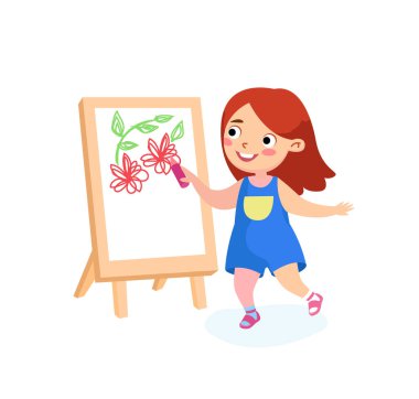 Easel 'deki Mutlu Çocuk Karakteri. Tuvale ya da kağıda çiçek çizen kız. Uluslararası Çocuklar ya da Barış Günü Tatilleri, Okula Dönüş, Çocukluk, Mutluluk Konsepti. Çizgi film Vektör İllüstrasyonu