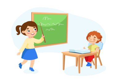 İlköğretim, Okula Dönüş Konsepti. Küçük Öğrenci Karakteri, Öğretmen Açıklama Sınıfı 'yla birlikte Karatahta' nın önündeki derse cevap vermek için Yükselen El 'de oturuyor. Çizgi film İnsanları Vektör İllüstrasyonu