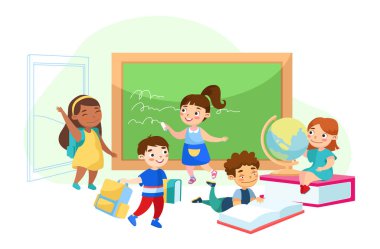 Okula, eğitime. Sınıftaki Çocuk Karakterler Tahtaya Yazar, Kitap Okur. Çalışma Aletleri Küre Olarak Mutlu Öğrenciler ve Ders Kitapları Sınıfta. Çizgi film İnsanları Vektör İllüstrasyonu