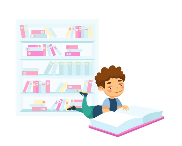 Back to School, Education or Learning Concept. Kid Lying on Floor Reading Book. School Boy Student Prepare to Exam, Schoolboy Character Gaining Knowledge, Lesson, Homework. Cartoon Vector Illustration — Stock Vector