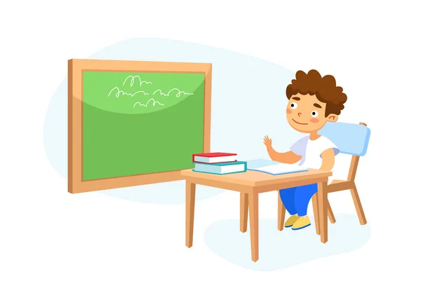 Happy Kid School Boy Sitting at Desk in Classroom Studying, Schoolboy Character Raising Hand to Answer Lesson in Class. Child Gaining Knowledges and Primary Education. Cartoon Vector Illustration — Stock Vector