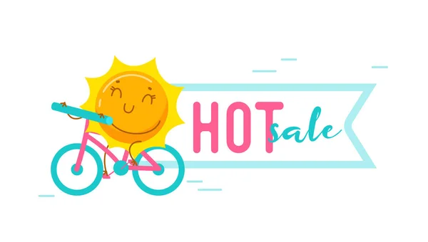 Vendita calda Banner estivo con Kawaii Sun Personage Equitazione Bicicletta isolata su sfondo bianco. Carino personaggio dei cartoni animati Vacanze estive Attività, Bicicletta Tempo di ricambio Offerta di sconto. Illustrazione vettoriale — Vettoriale Stock