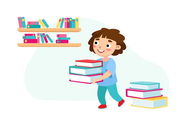 어린 아기는 책의 파일을 가지고 다니고, 아이의 성격을 연구하고, 대학 방문 또는 학습을 위한 준비 학교를 간다. 도서관에 있는 학교아이. 다시 학교로, 교육으로, 지식 개념으로. 카툰 Vector Illustration — 스톡 벡터