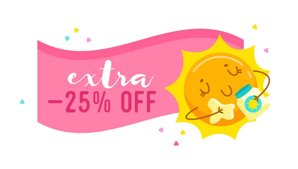 Extra Sale Banner with Cute Cartoon Sun Applying Cream for Tan. Kawaii Personage Take Sunbath on Summer Vacation. Summertime Activity and Spare Time, Store or Shop Discount Offer. Vector Illustration — Stock Vector