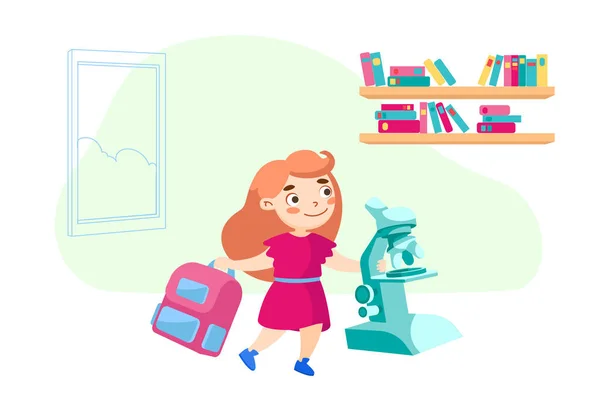 Schoolgirl Character with Backpack and Microscope in School. Education or Knowledge Concept. Kid Studying Biology or Chemistry, Little Baby Visiting Preschool for Learning. Cartoon Vector Illustration — Stock Vector