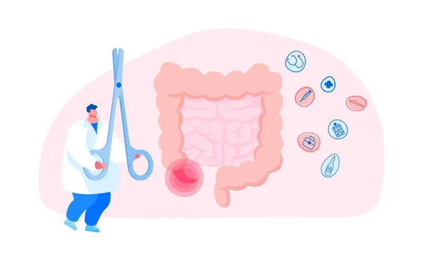 Medic Character Beroep, Aanhangsel Behandeling en Hulp. Dokter of medische verpleegkundige met enorme chirurgische klem voor het uitvoeren van appencitis chirurgie in het ziekenhuis. Cartoon Vector Illustratie — Stockvector