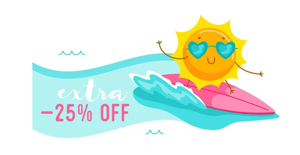 Extra Off Banner mit Cute Cartoon Sun Character, der eine Herzsonnenbrille auf dem Surfbrett trägt. Sommerschlussverkauf Poster mit Kawaii Personage Sommerzeit Aktivität und Freizeit, Rabatt. Vektorillustration — Stockvektor