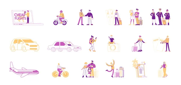 Set van mannelijke en vrouwelijke personages Reizen. Mensen Reserveren Tickets voor Goedkope Vlucht Online, Wandelen met rugzak en GPS Navigator, Toeristen vliegen op het vliegtuig, Riding Bike. Lineaire vectorillustratie — Stockvector