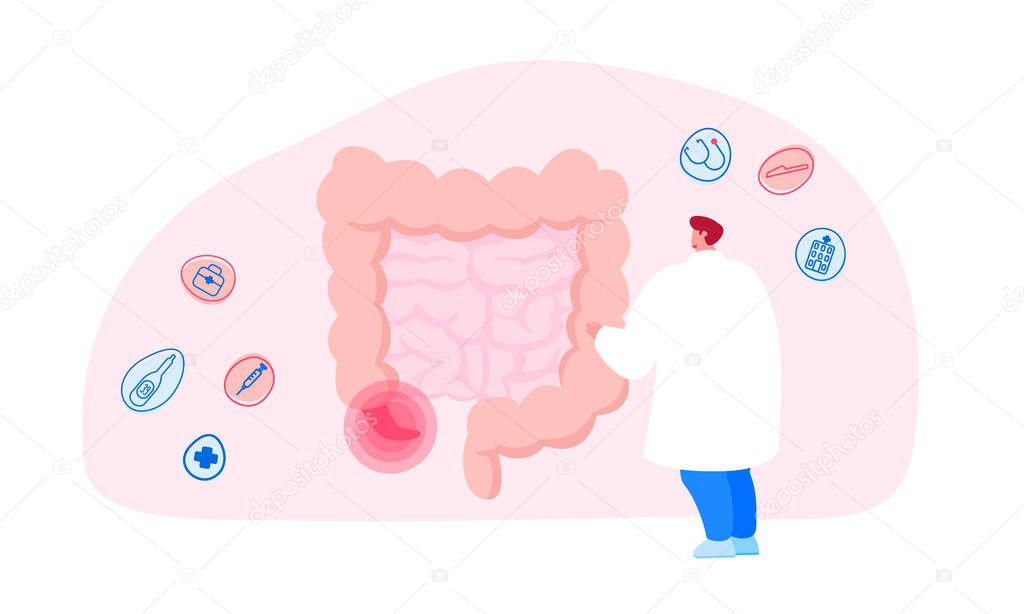 Doctor or Medic Character Stand at Huge Human Intestines with Sore Appendix Infographics Aid Decide Strategy of Treatment. Abdominal Pain, Gastrointestinal System Disease. Cartoon Vector Illustration