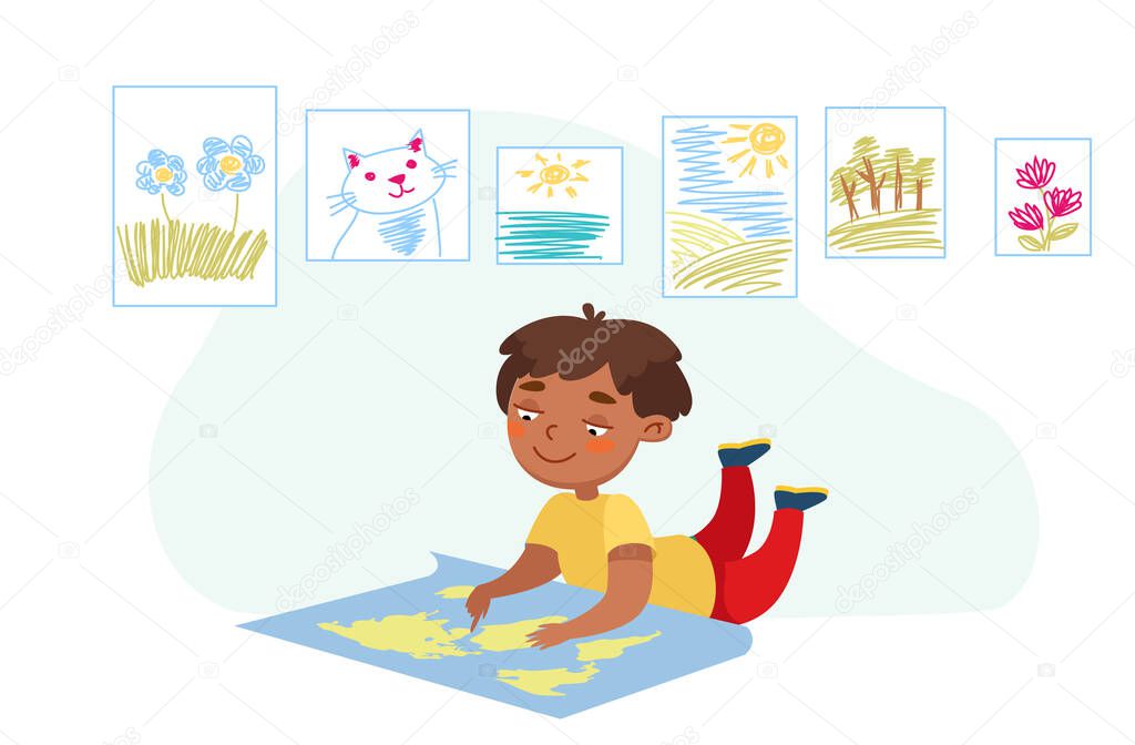 Kid Character Lying on Floor with World Map Studying Geography. Back to School, Education and Knowledge Concept. Little Baby in College or Preschool Learning Lesson. Cartoon Vector Illustration