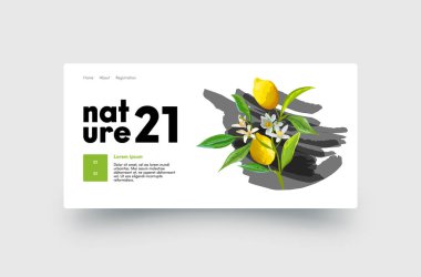 Yeşil Yapraklı Limon ve Çiçeklerle İniş Sayfası Tasarımı. Doğa Sitesi Şablonu, Tarım Ürünleri Dükkanı, Organik Doğal Ürün Sağlıklı Gıda Şirketi Markası. Vektör İllüstrasyonu