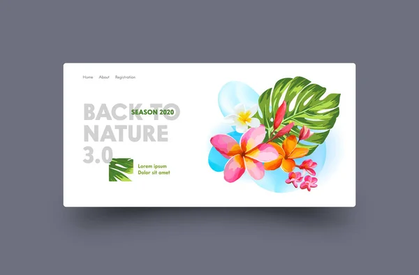 自然ランディングページに戻るエキゾチックなプルメリアや緑のヤシの葉を持つフランジパニの花でデザイン。花屋さんのためのウェブサイトテンプレート,スパサロン,自然の熱帯の花.ベクターイラスト — ストックベクタ